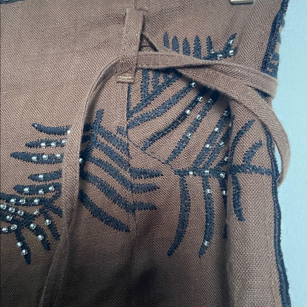 NWOT Zara ZW Collection embroidered hemp wide leg chocolate brown pants